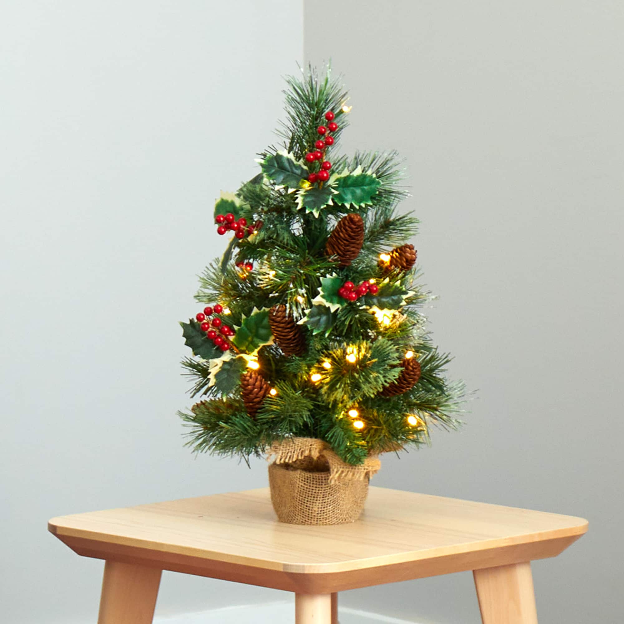 18" Pre-Lit Mixed Pine Artificial Christmas Tree with Holly Berries & Pinecones, Clear LED Lights